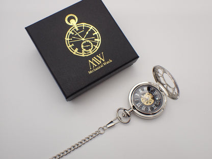 Silver Pocket Watch Mechanical Skeleton | Traditional Wedding Gift