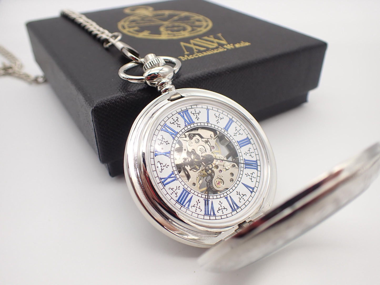 Classic Silver Skeleton Pocket Watch with Blue Roman Numerals | Groomsmen Gift