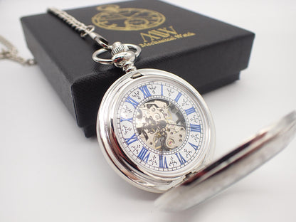 Classic Silver Skeleton Pocket Watch with Blue Roman Numerals | Groomsmen Gift