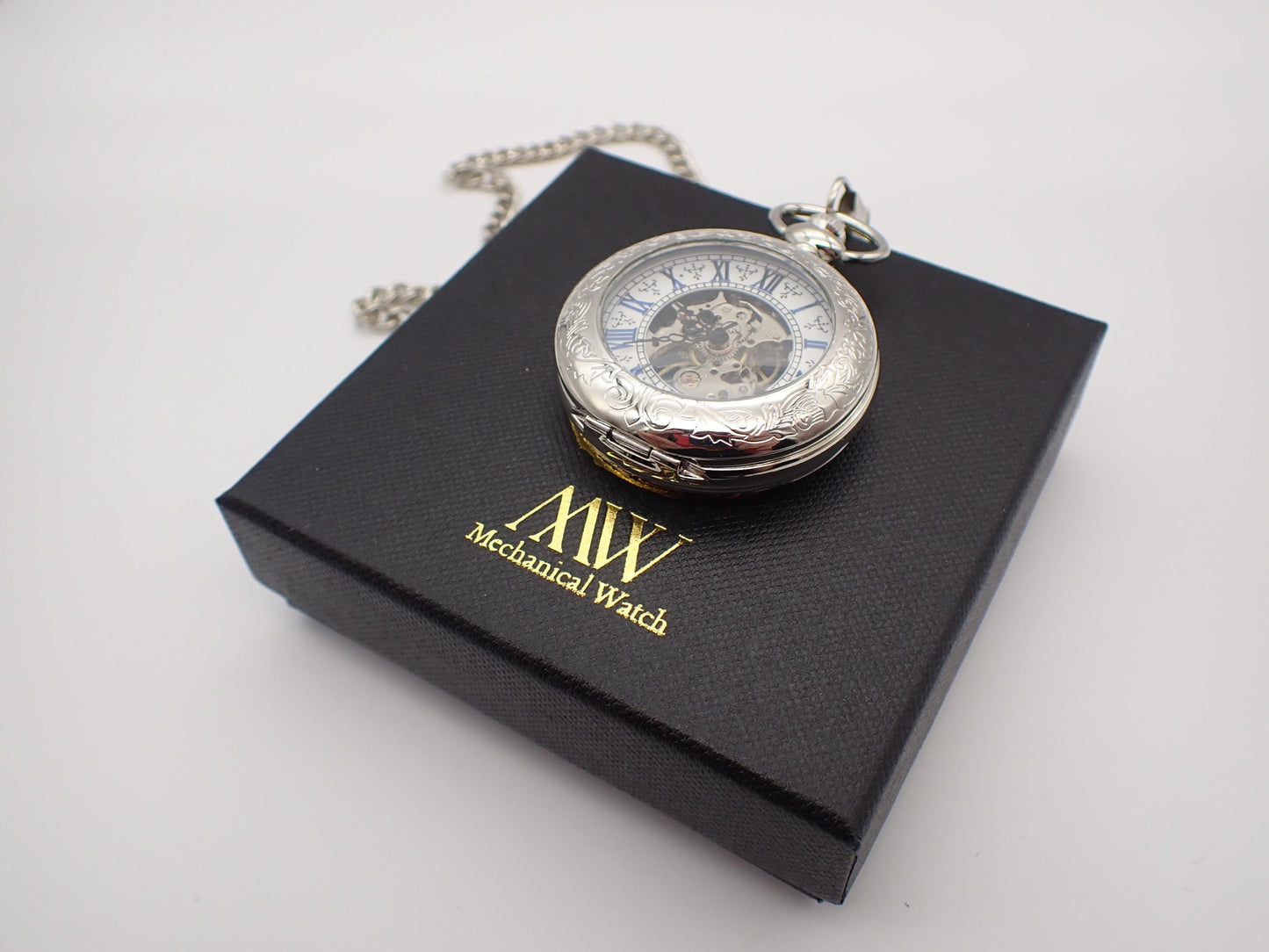 Classic Silver Skeleton Pocket Watch with Blue Roman Numerals | Groomsmen Gift
