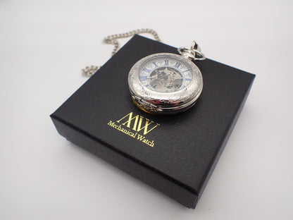 Classic Silver Skeleton Pocket Watch with Blue Roman Numerals | Groomsmen Gift