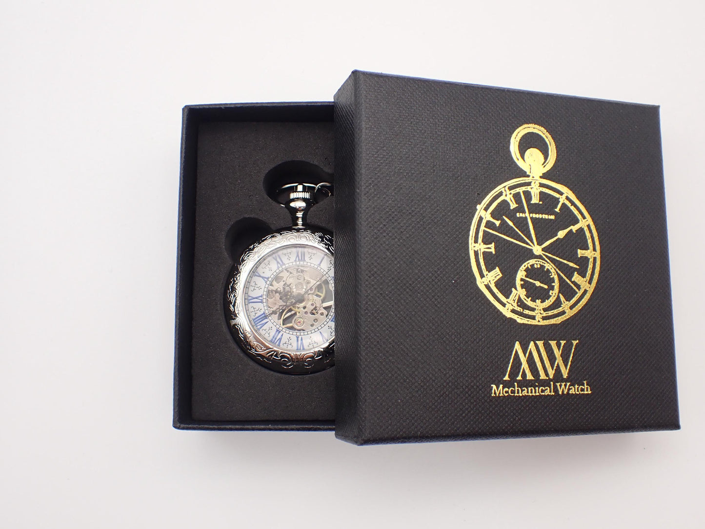 Classic Silver Skeleton Pocket Watch with Blue Roman Numerals | Groomsmen Gift