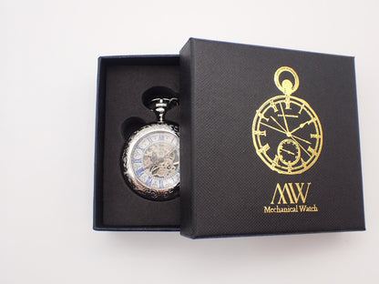 Classic Silver Skeleton Pocket Watch with Blue Roman Numerals | Groomsmen Gift