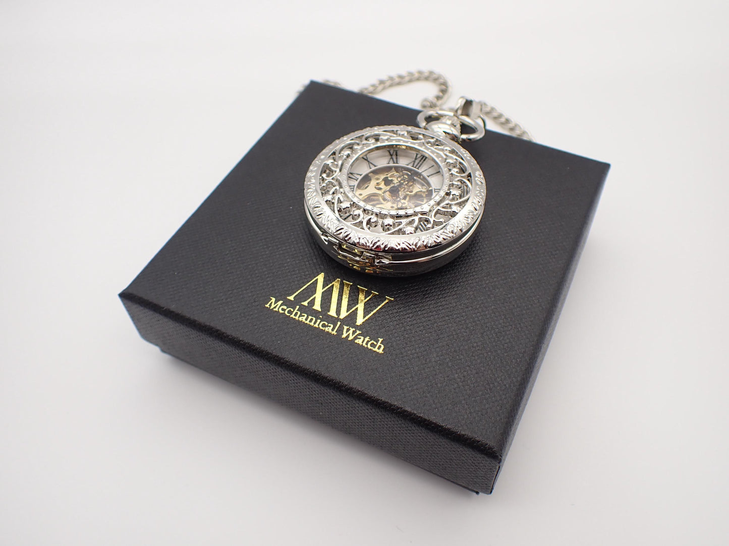 Silver Pocket Watch Mechanical Skeleton, Celestial Vine Style, Groomsmen Gift, Personalized Card, Taschenuhr Silber, Wedding Gift for Men