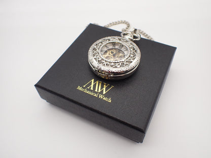 Silver Pocket Watch Mechanical Skeleton, Celestial Vine Style, Groomsmen Gift, Personalized Card, Taschenuhr Silber, Wedding Gift for Men