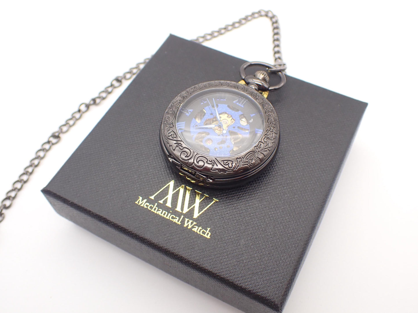 Pocket Watch Mechanical Skeleton, Blue Gears Movement, Groomsmen Gift, Personalized Card, Black Taschenuhr Mechanisch, Mens Wedding Gift