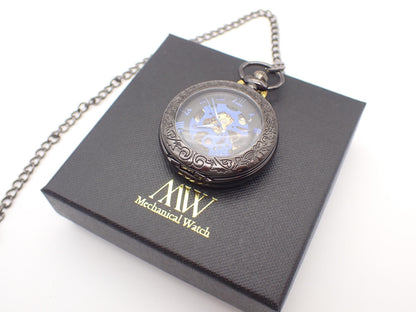 Pocket Watch Mechanical Skeleton, Blue Gears Movement, Groomsmen Gift, Personalized Card, Black Taschenuhr Mechanisch, Mens Wedding Gift