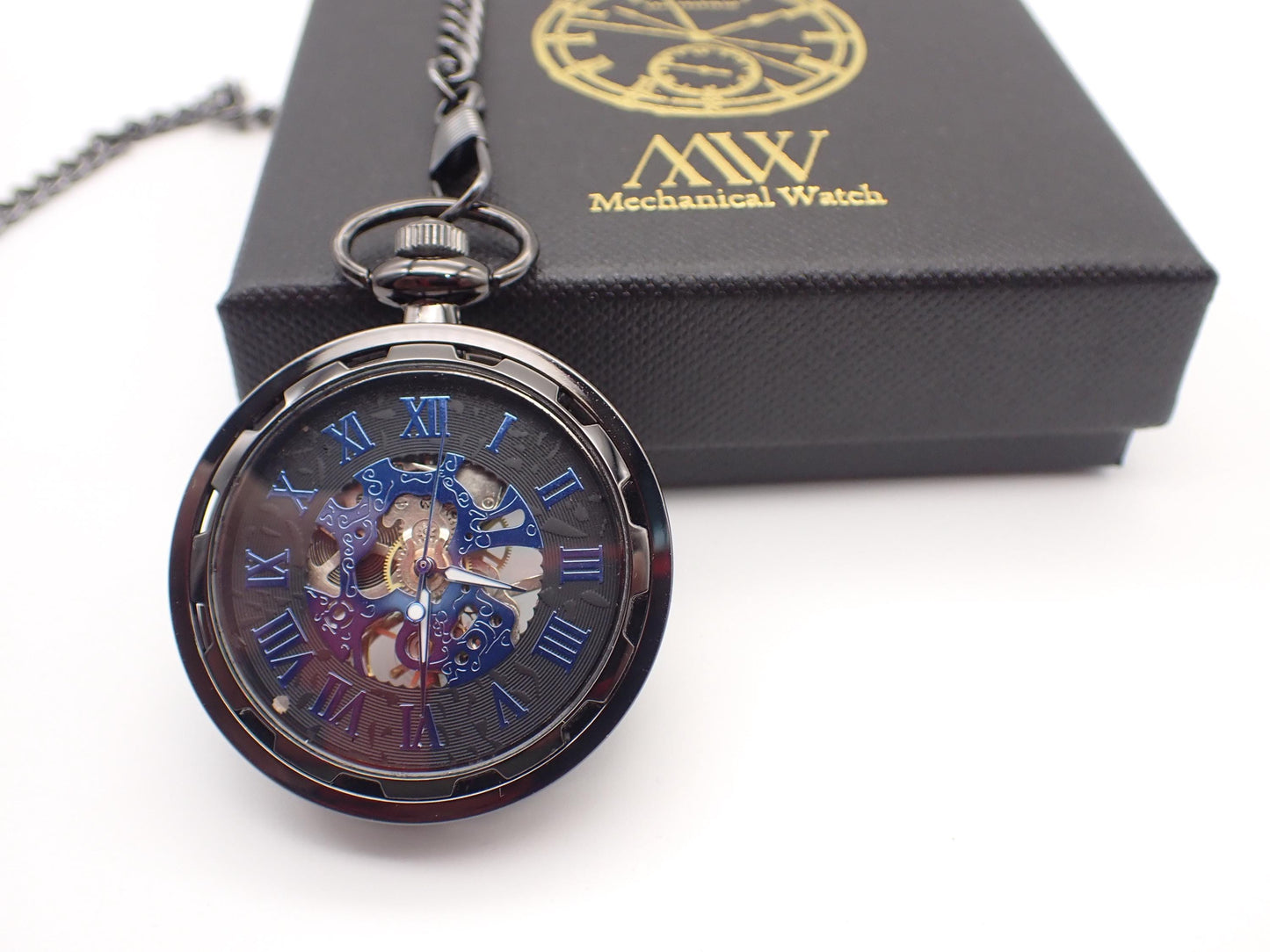 Pocket Watch Mechanical Skeleton, Roman Numerals, Groomsmen Gift, Personalized Card, Steampunk Taschenuhr Mechanisch, Black Silver Watch