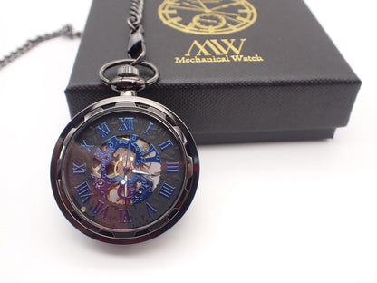 Pocket Watch Mechanical Skeleton, Roman Numerals, Groomsmen Gift, Personalized Card, Steampunk Taschenuhr Mechanisch, Black Silver Watch
