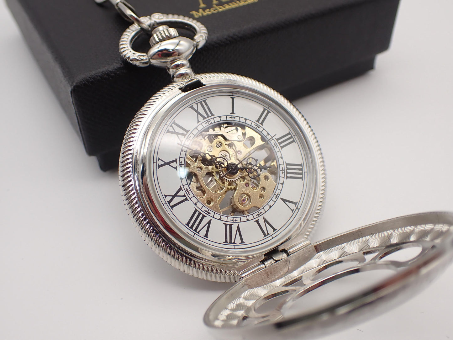 Silver Pocket Watch Mechanical Skeleton, Roman Numerals, Groomsmen Gift, Personalized Card, Taschenuhr Silber, Vintage Wedding Gift for Men