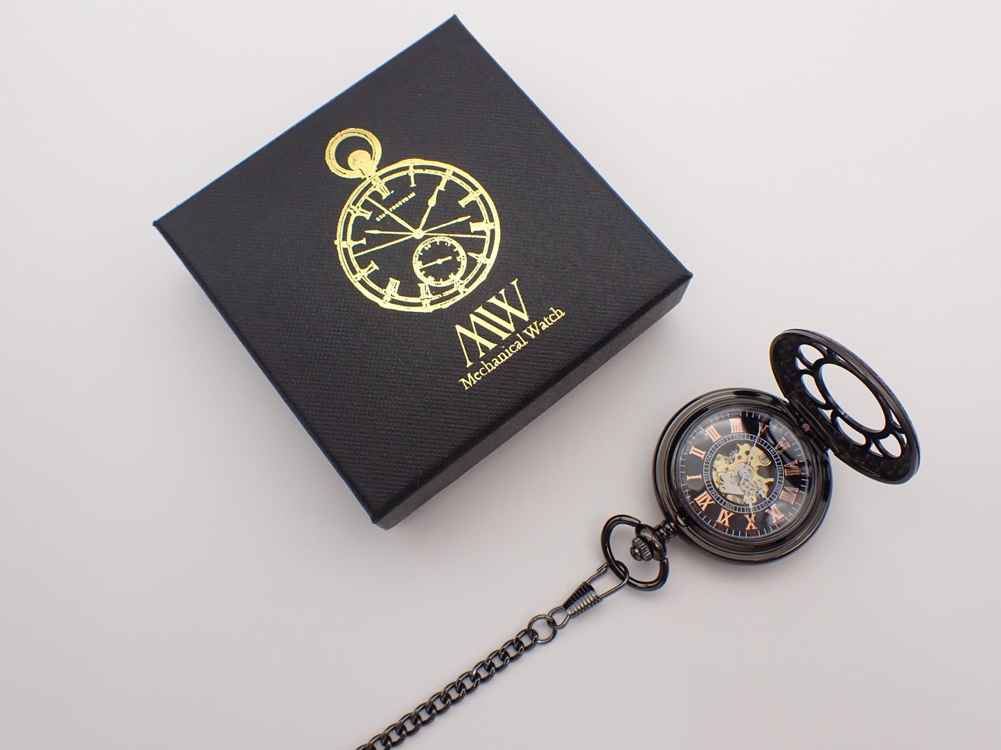 Gunmetal Skeleton Pocket Watch with 24-Hour Dial