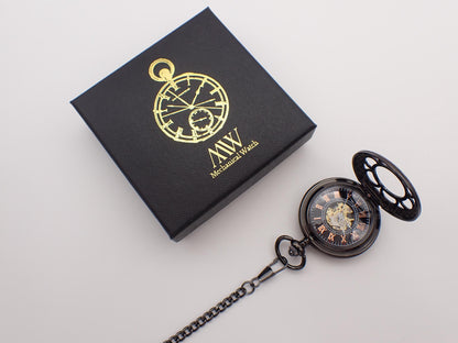 Gunmetal Skeleton Pocket Watch with 24-Hour Dial