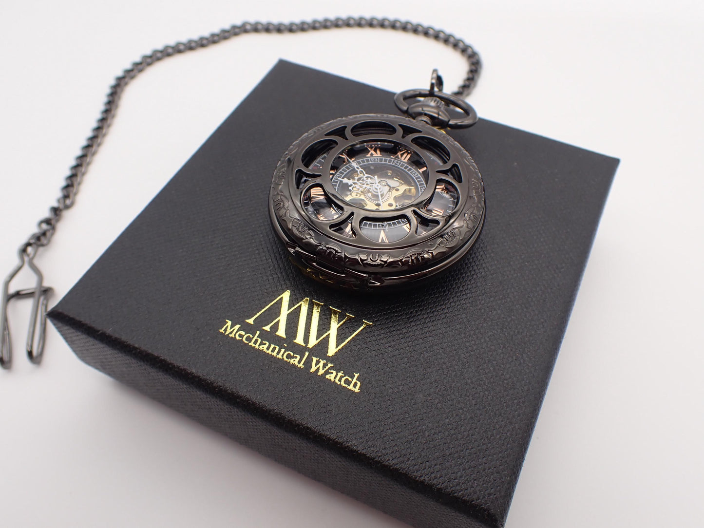 Gunmetal Skeleton Pocket Watch with 24-Hour Dial