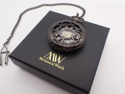 Gunmetal Skeleton Pocket Watch with 24-Hour Dial