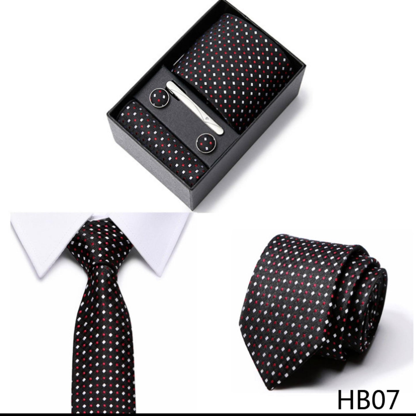 Black Red Dot Pattern Tie Set / Pocket Square, Bowtie, Tie Clip, Cufflinks / Gift for Him / Wedding Groomsmen Gift / Men Gift Box