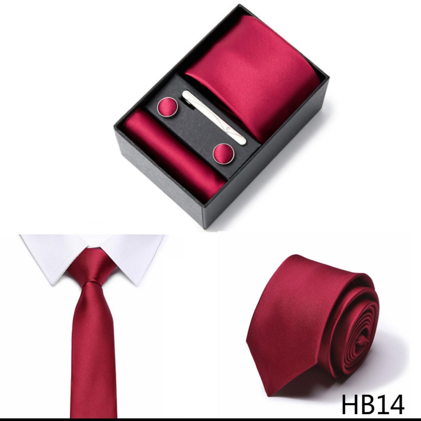 Rose Red Tie Set / Pocket Square, Bowtie, Tie Clip, Cufflinks / Gift for Him / Wedding Groomsmen Gift / Men Gift Box
