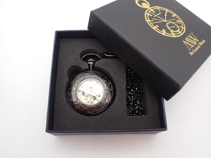 Gunmetal Skeleton Pocket Watch with 24-Hour Dial