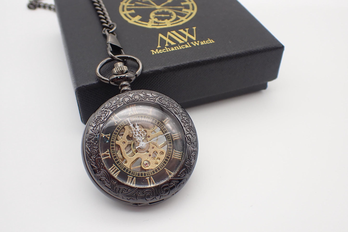 Mechanical pocket watch skeleton design Glossy Black Metal