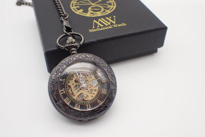 Mechanical pocket watch skeleton design Glossy Black Metal