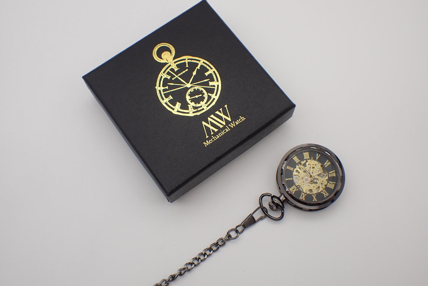 Pocket Watch Mechanical Skeleton, Antique Black with Gold | Groomsmen Gift