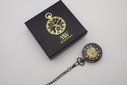 Pocket Watch Mechanical Skeleton, Antique Black with Gold | Groomsmen Gift