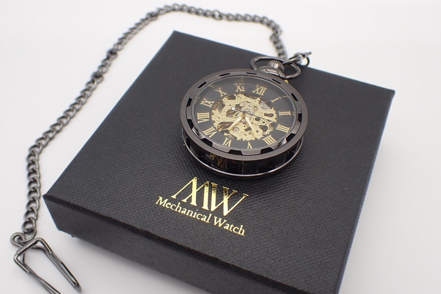 Pocket Watch Mechanical Skeleton, Antique Black with Gold | Groomsmen Gift