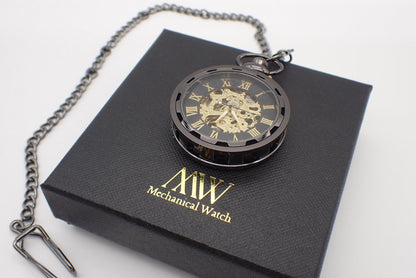 Pocket Watch Mechanical Skeleton, Antique Black with Gold | Groomsmen Gift