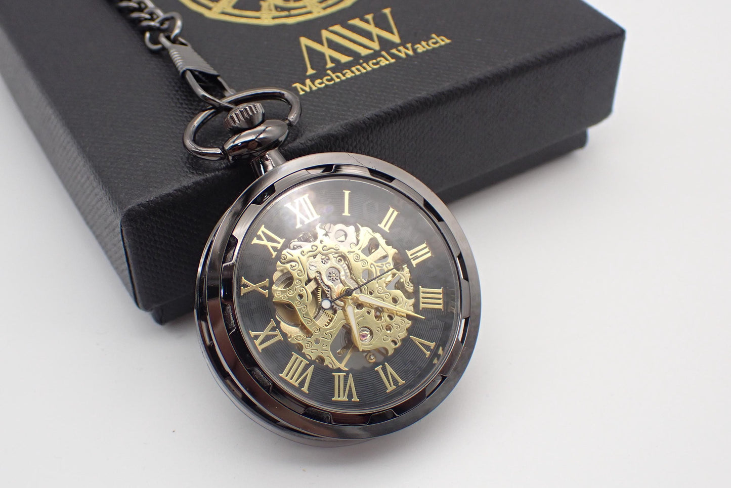 Pocket Watch Mechanical Skeleton, Antique Black with Gold | Groomsmen Gift