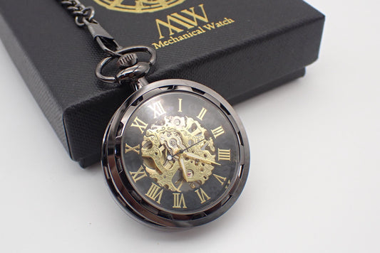 Pocket Watch Mechanical Skeleton, Antique Black with Gold | Groomsmen Gift