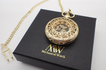 Gold Pocket Watch Mechanical Skeleton, Celestial Vine Style | Groomsmen Gift