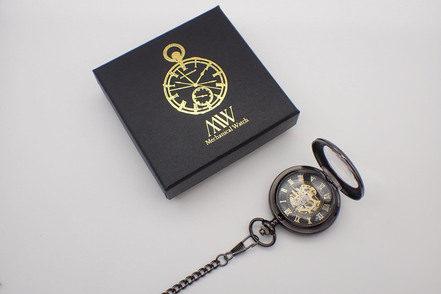 Mechanical pocket watch skeleton design Glossy Black Metal