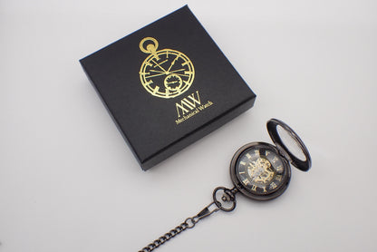 Mechanical pocket watch skeleton design Glossy Black Metal