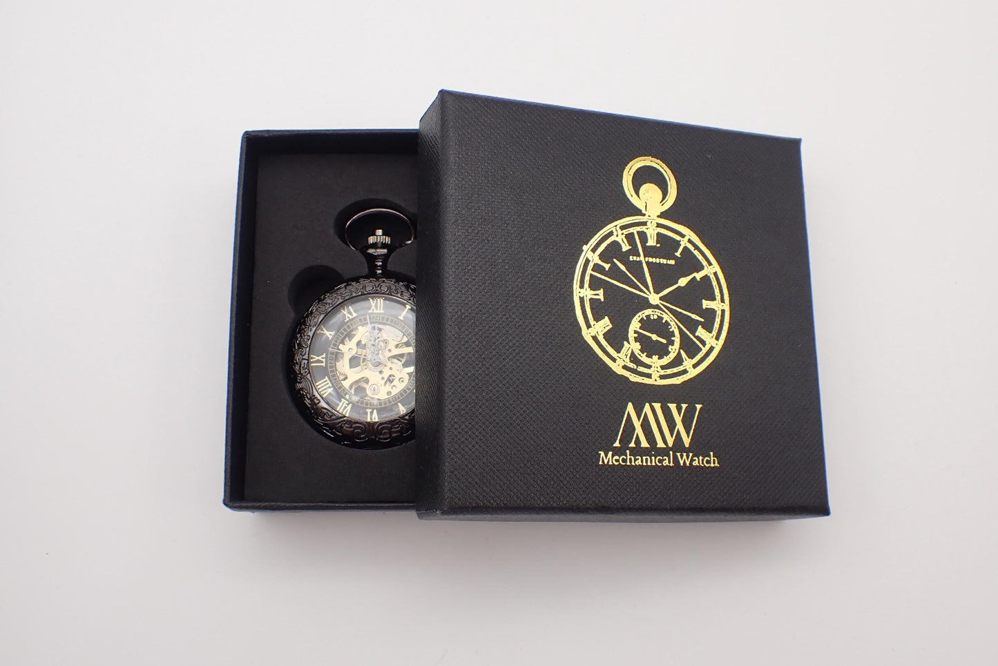Mechanical pocket watch skeleton design Glossy Black Metal