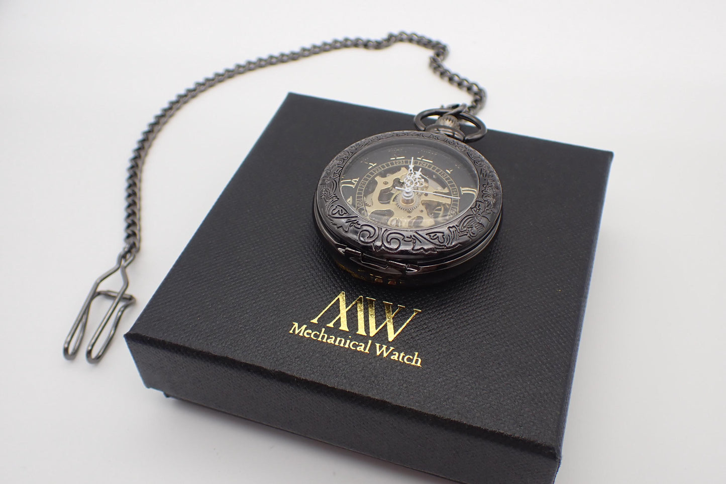 Mechanical pocket watch skeleton design Glossy Black Metal
