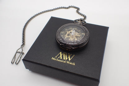 Mechanical pocket watch skeleton design Glossy Black Metal