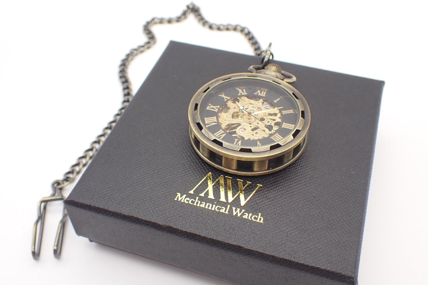 Pocket Watch Mechanical Skeleton, Antique Bronze Black Gold | Groomsmen Gift