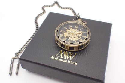 Pocket Watch Mechanical Skeleton, Antique Bronze Black Gold | Groomsmen Gift