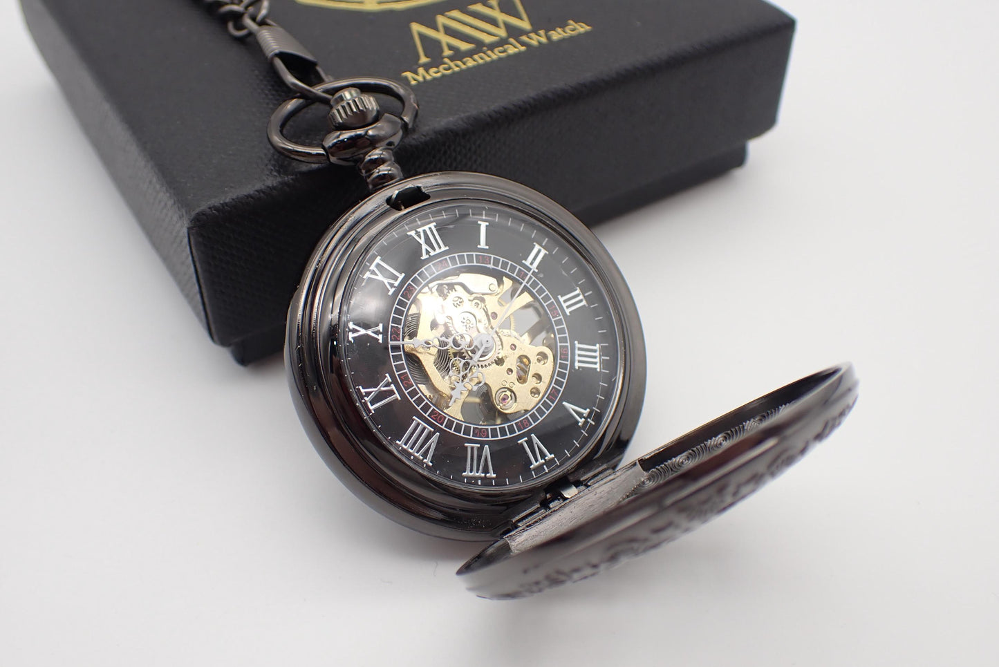 Gunmetal Cogwheel Mechanical Pocket Watch with Blue Gears | Groomsmen Gift