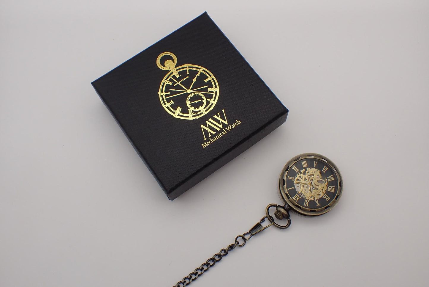Pocket Watch Mechanical Skeleton, Antique Bronze Black Gold | Groomsmen Gift