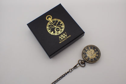 Pocket Watch Mechanical Skeleton, Antique Bronze Black Gold | Groomsmen Gift
