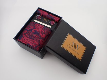 Burgundy Red Paisley Tie Set / Pocket Square Tie Bowtie Cufflinks Set / Wedding Tie / Tie Clips / Gift for him Mens anniversary Groomsmen Gift