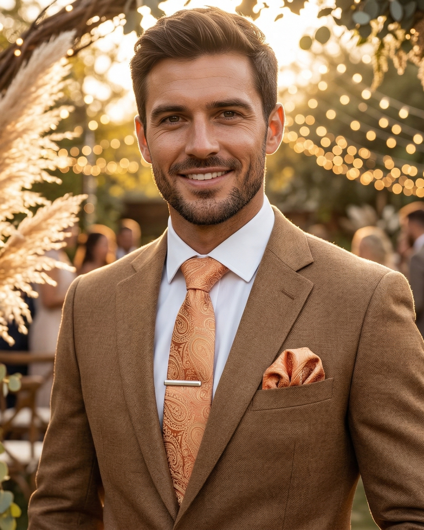 A confident, smiling man in a tailored camel brown suit, wearing an orange paisley tie, a silver tie clip, and a matching pocket square. He is standing in a rustic outdoor wedding venue with pampas grass, white flowers, and warm fairy lights in the background under golden hour sunlight.