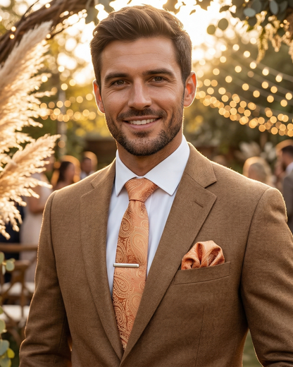 A confident, smiling man in a tailored camel brown suit, wearing an orange paisley tie, a silver tie clip, and a matching pocket square. He is standing in a rustic outdoor wedding venue with pampas grass, white flowers, and warm fairy lights in the background under golden hour sunlight.