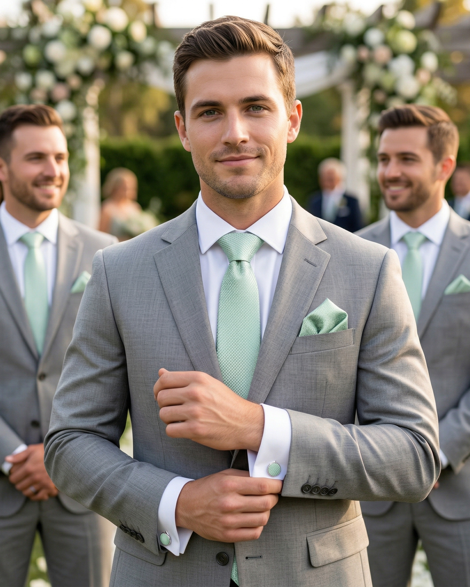 A luxury black gift box containing a pastel mint green micro-woven men's necktie, matching pocket square, cufflinks, and a silver tie clip.