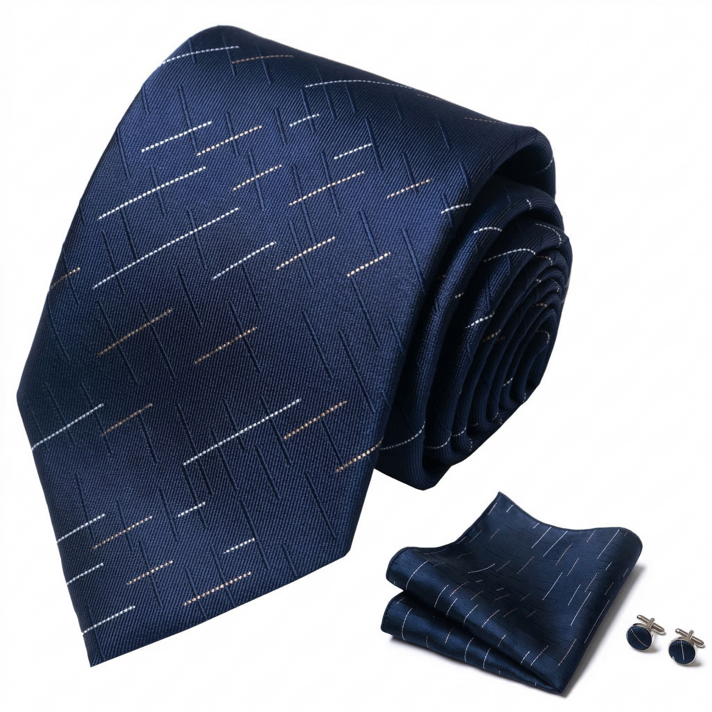 Navy Blue & Gold Diagonal Pinstripe Wedding Tie Set