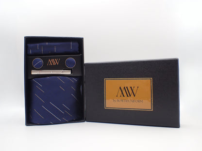 Navy Blue & Gold Diagonal Pinstripe Wedding Tie Set