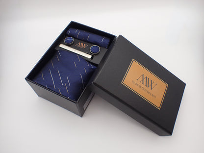 Navy Blue & Gold Diagonal Pinstripe Wedding Tie Set
