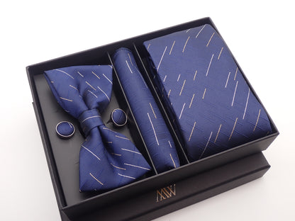Navy Blue & Gold Diagonal Pinstripe Wedding Tie Set