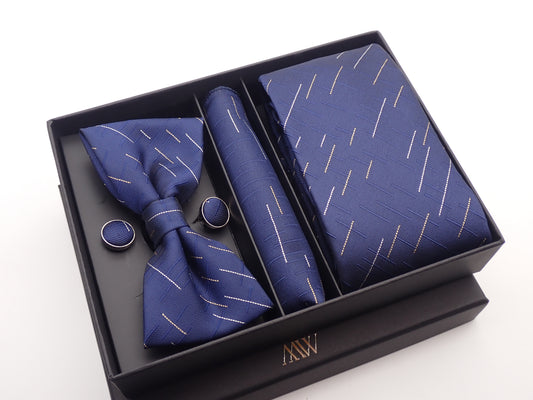Navy Blue & Gold Diagonal Pinstripe Wedding Tie Set
