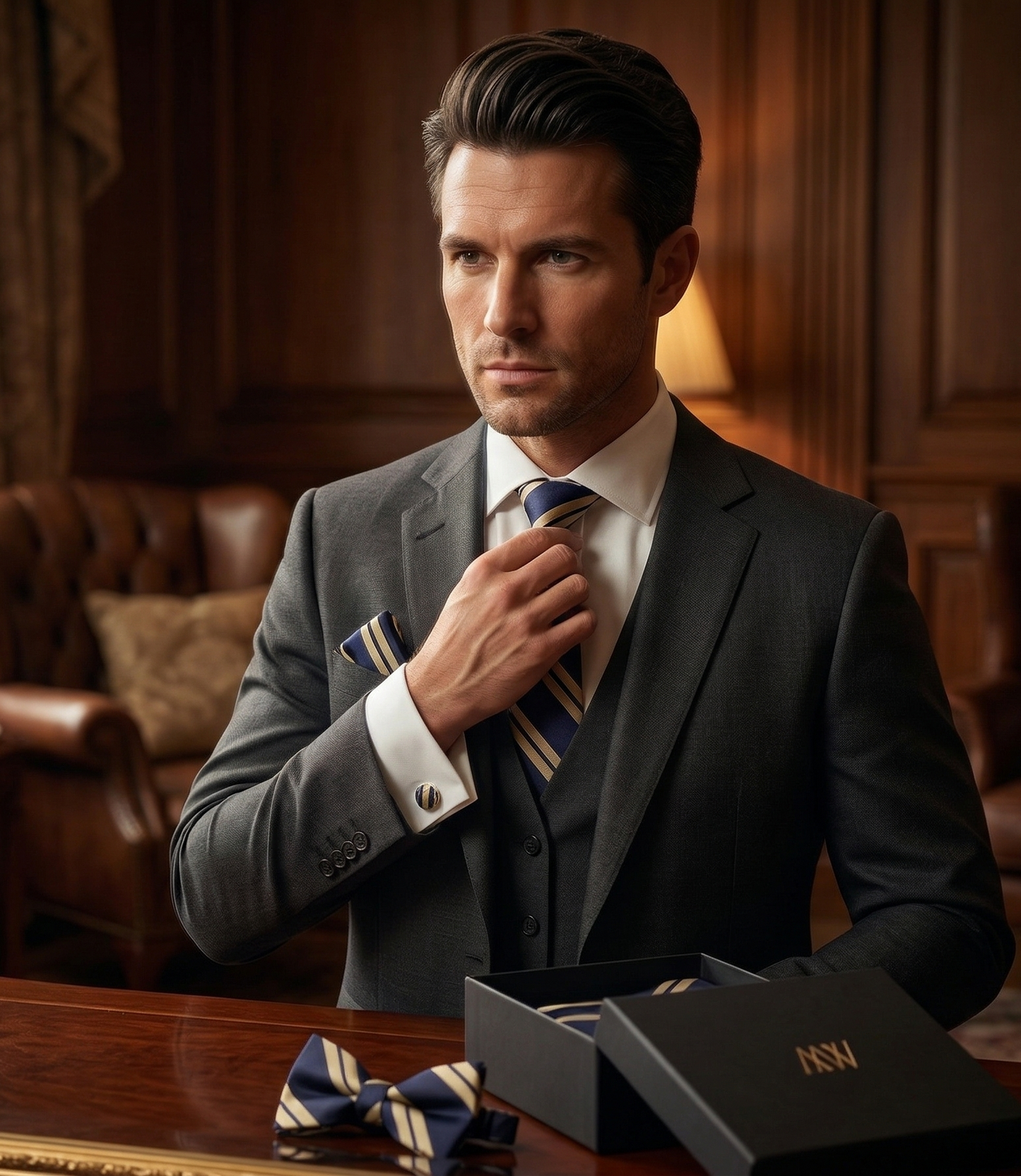 Sophisticated navy blue necktie with diagonal gold pinstripes, an essential for grooms.